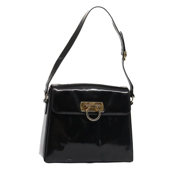 Salvatore Ferragamo Gancini Shoulder Bag Enamel Black Gold - Picture 10 of 16